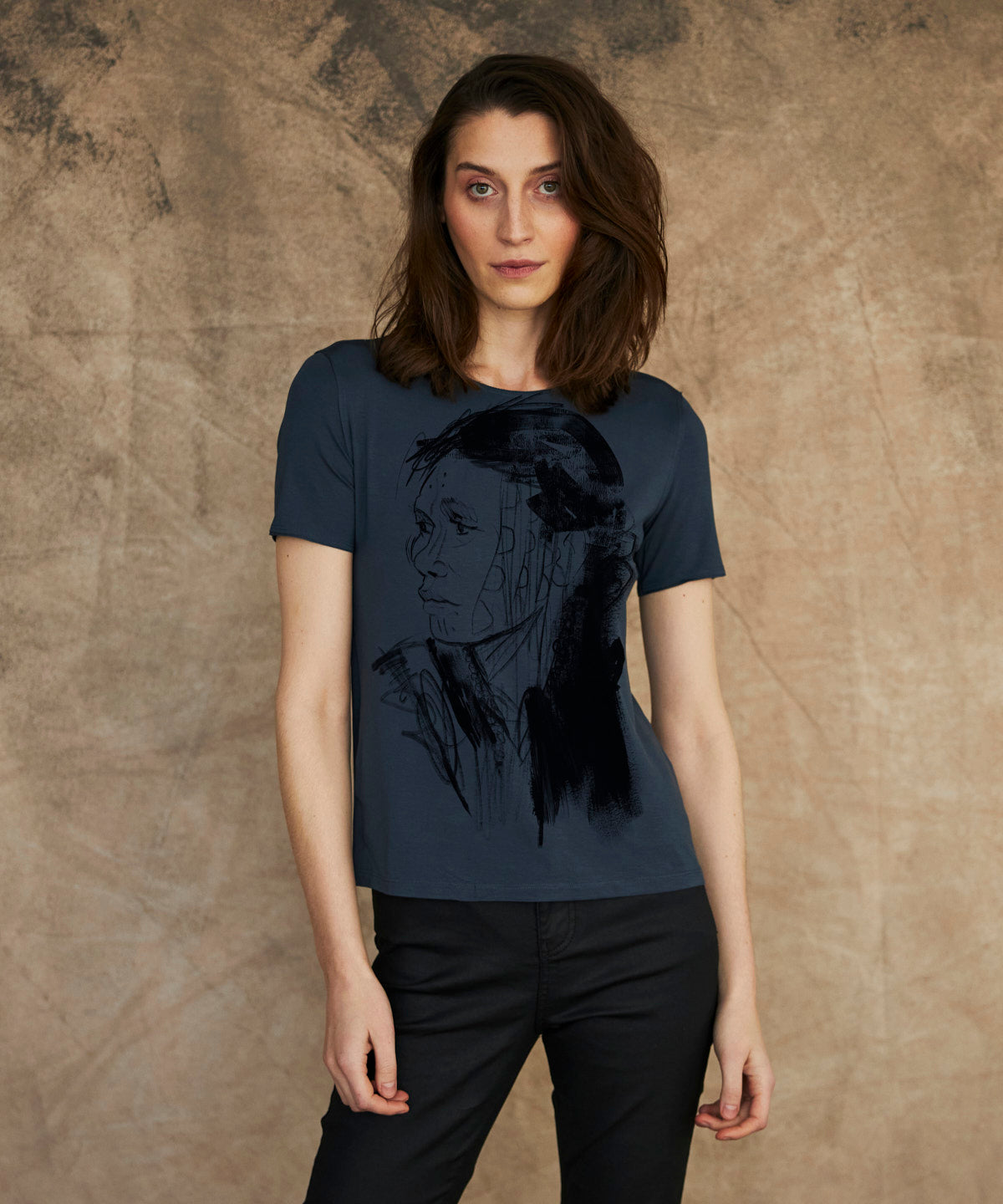 Chin portrait woman dark cool gray