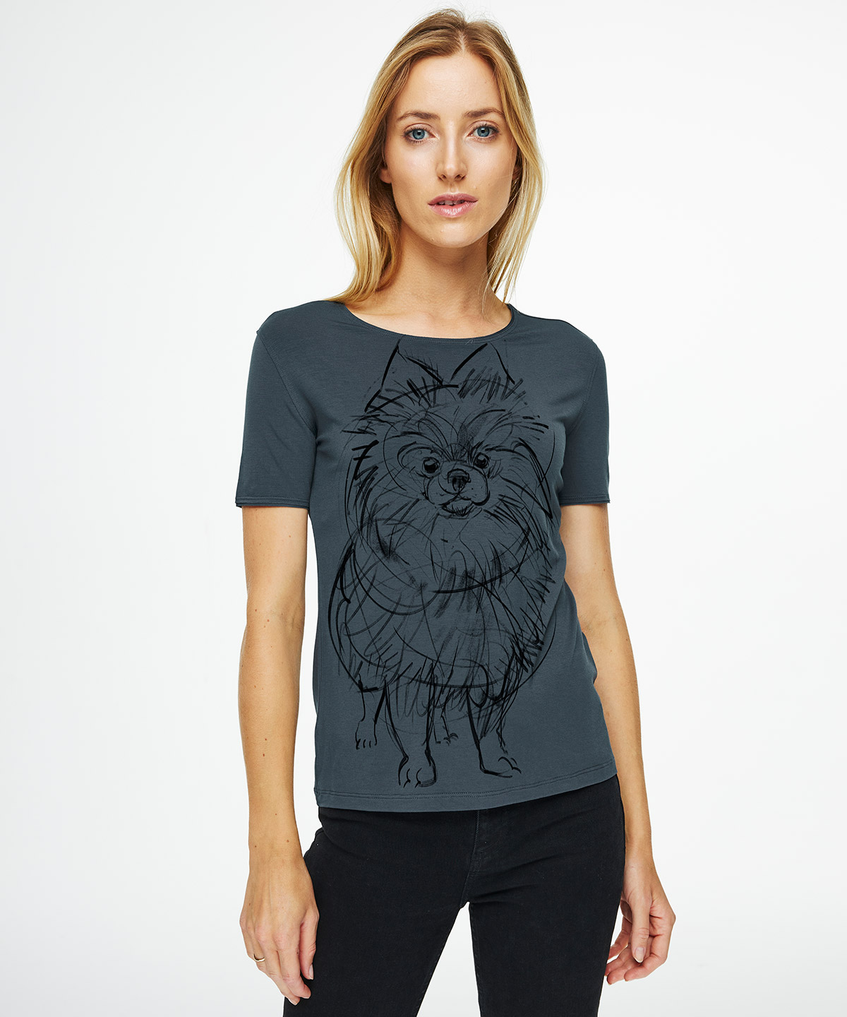 Pomeranian dark cool gray t-shirt woman