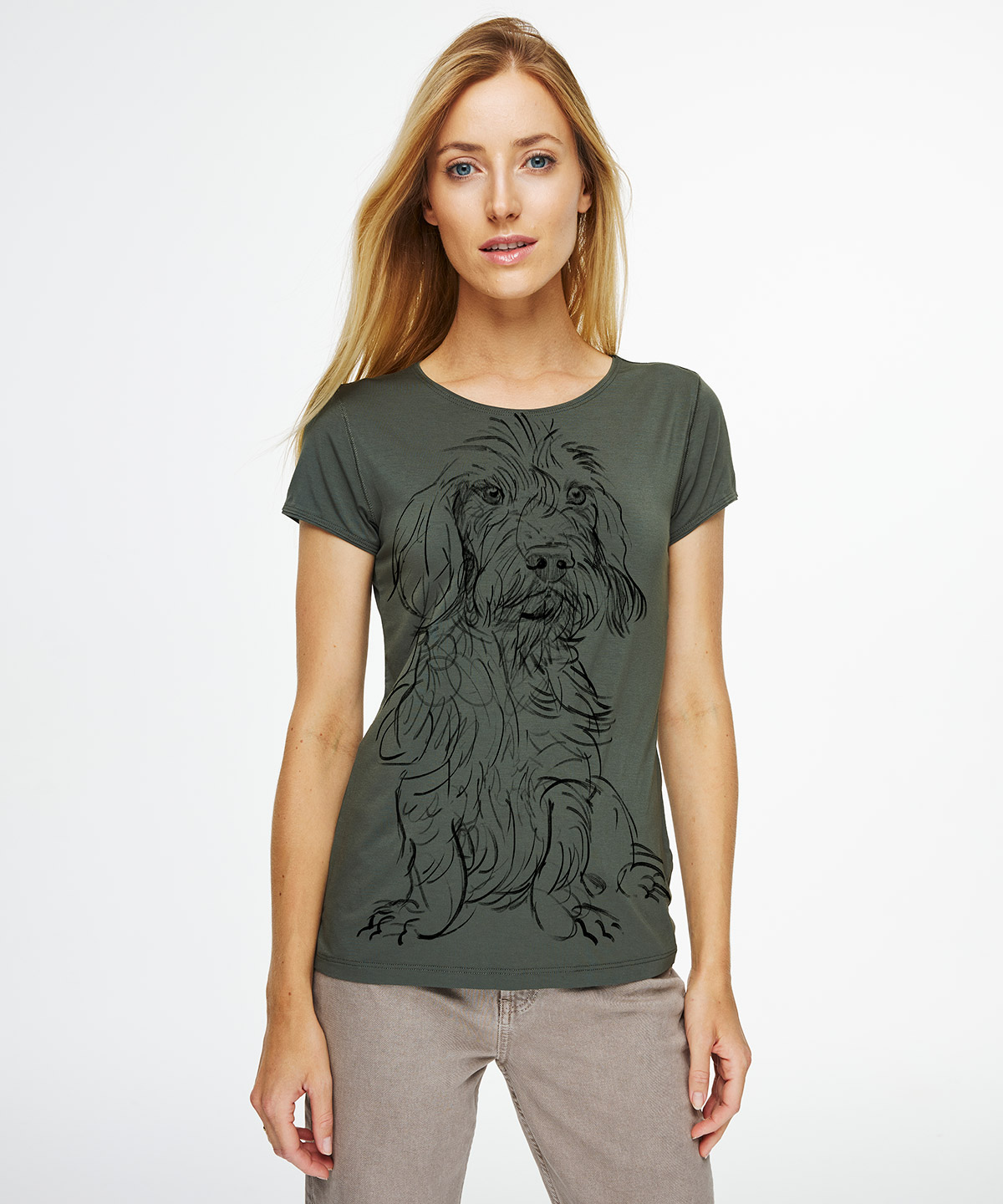 Wirehaired Dachshund khaki t-shirt woman