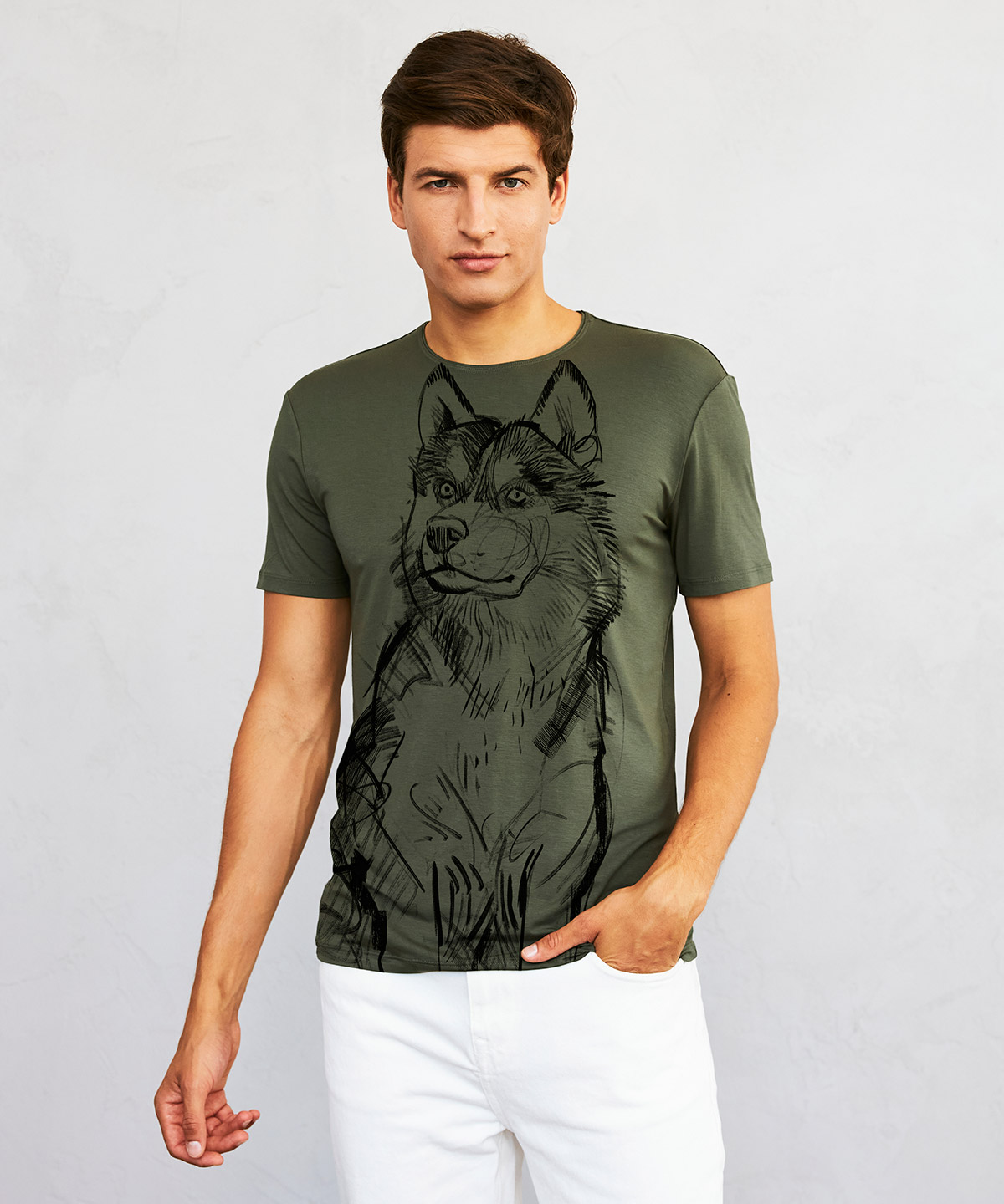Siberian Husky khaki t-shirt MAN